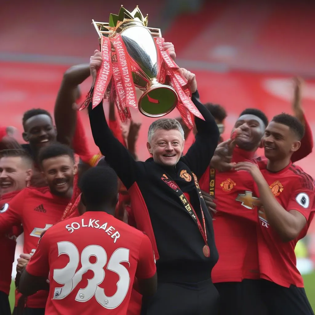 Hình ảnh Ole Gunnar Solskjaer cùng các cầu thủ MU nâng cao cúp vô địch Premier League