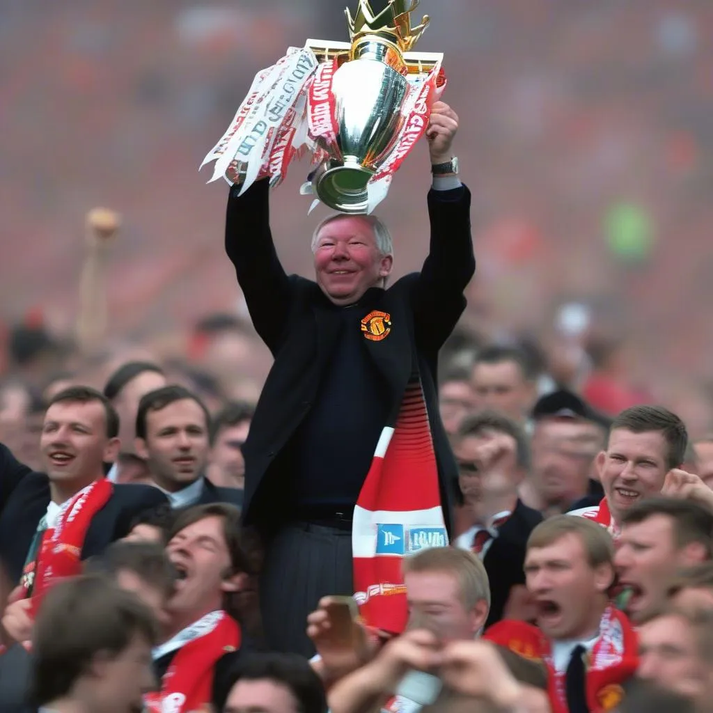 Hình ảnh Sir Alex Ferguson nâng cao chiếc cúp Premier League