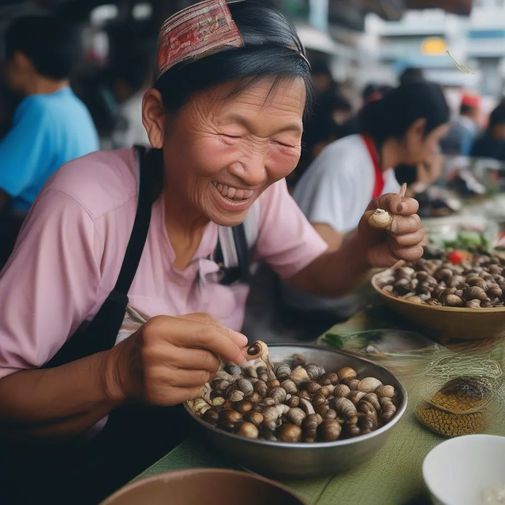 Hình ảnh một người Việt Nam đang ăn ốc