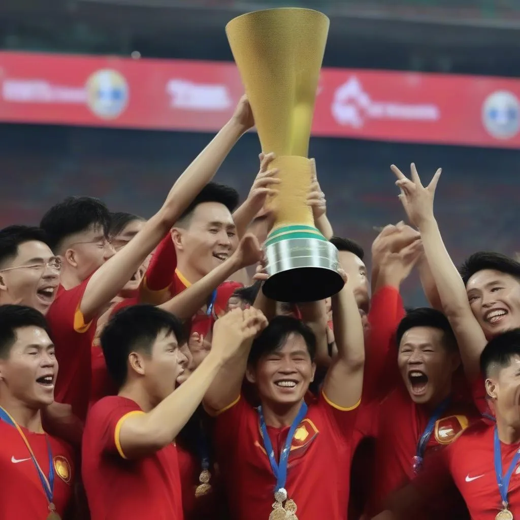 Hình ảnh đội tuyển Việt Nam nâng cao chiếc cúp vô địch AFF Cup 2018