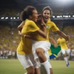 Brazil players celebrate a goal