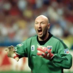 Fabien Barthez making a spectacular save