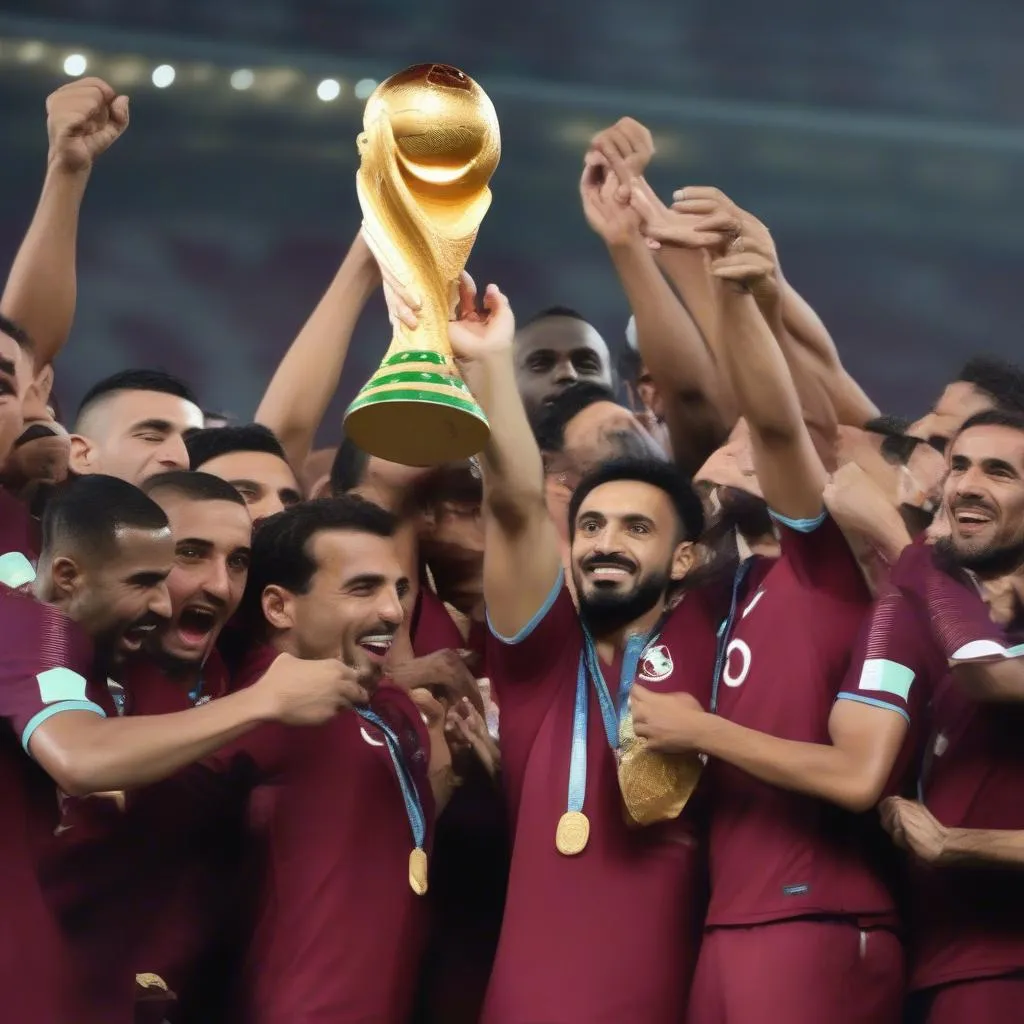 Hình ảnh đội tuyển Qatar nâng cao cúp vô địch World Cup 2022