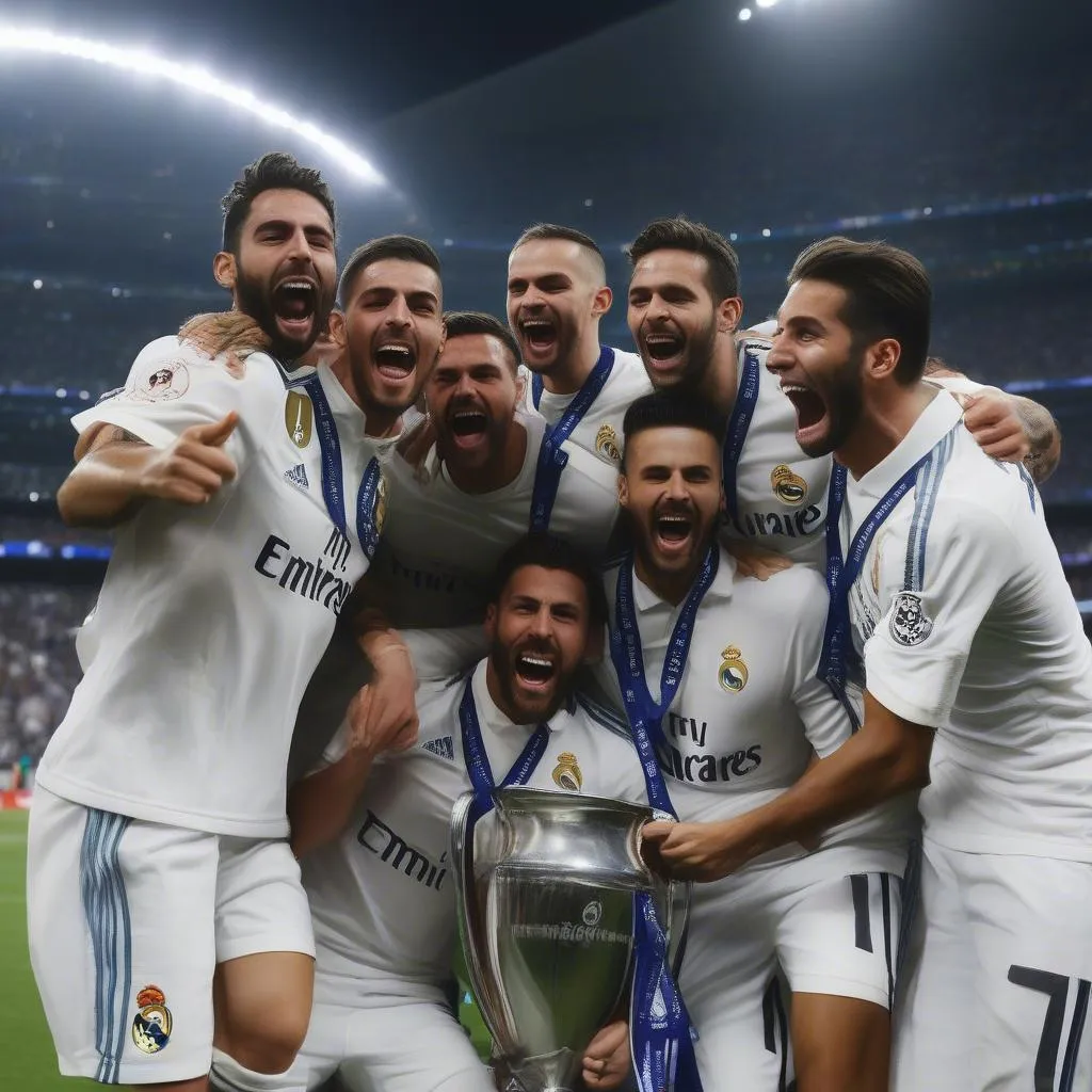 Real Madrid players celebrate their victory in the 2017 Champions League final match. The photo shows the intensity of the victory, with players raising their arms in triumph and the team united in celebration.