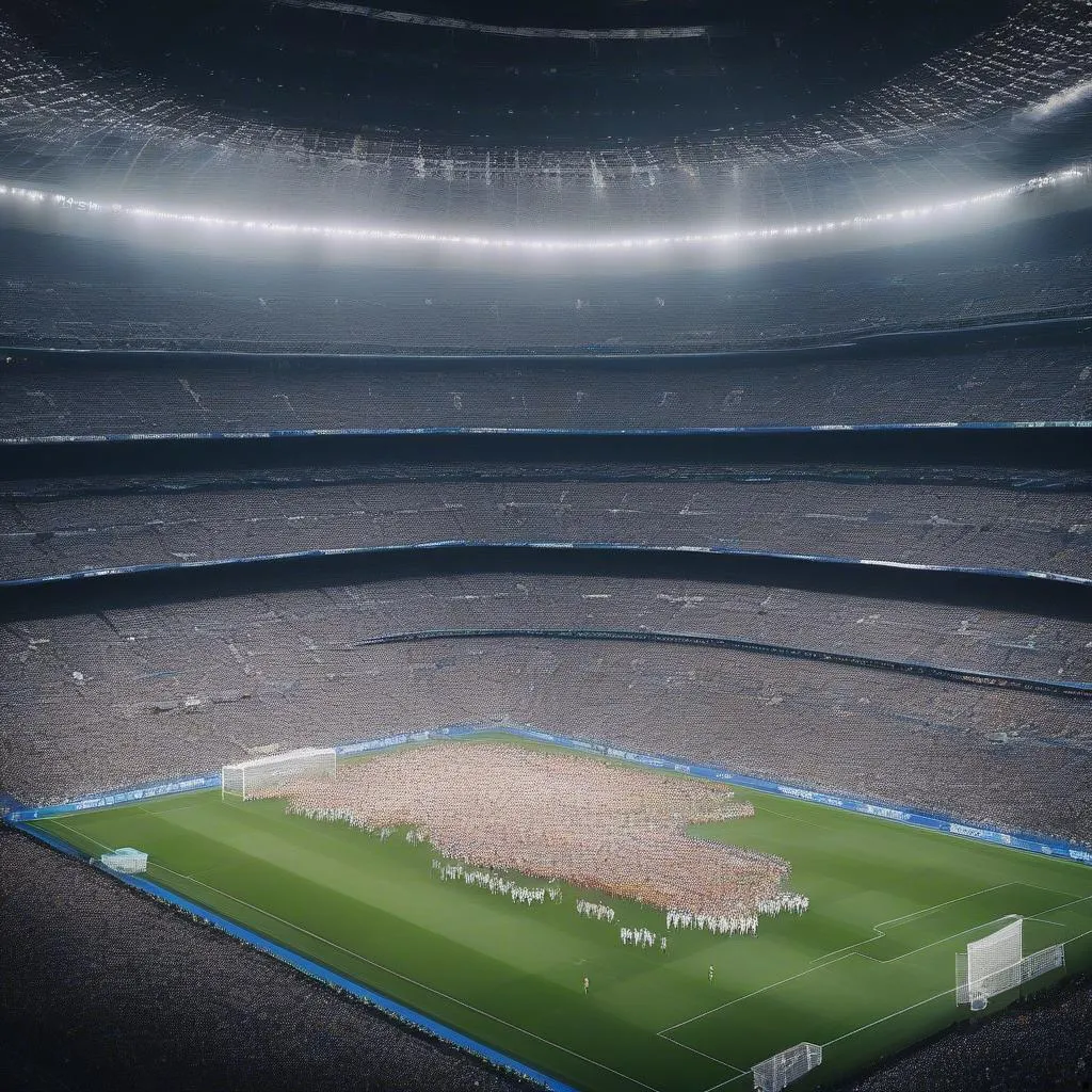 Real Madrid's players walk onto the pitch at the Santiago Bernabeu stadium, surrounded by cheering fans 