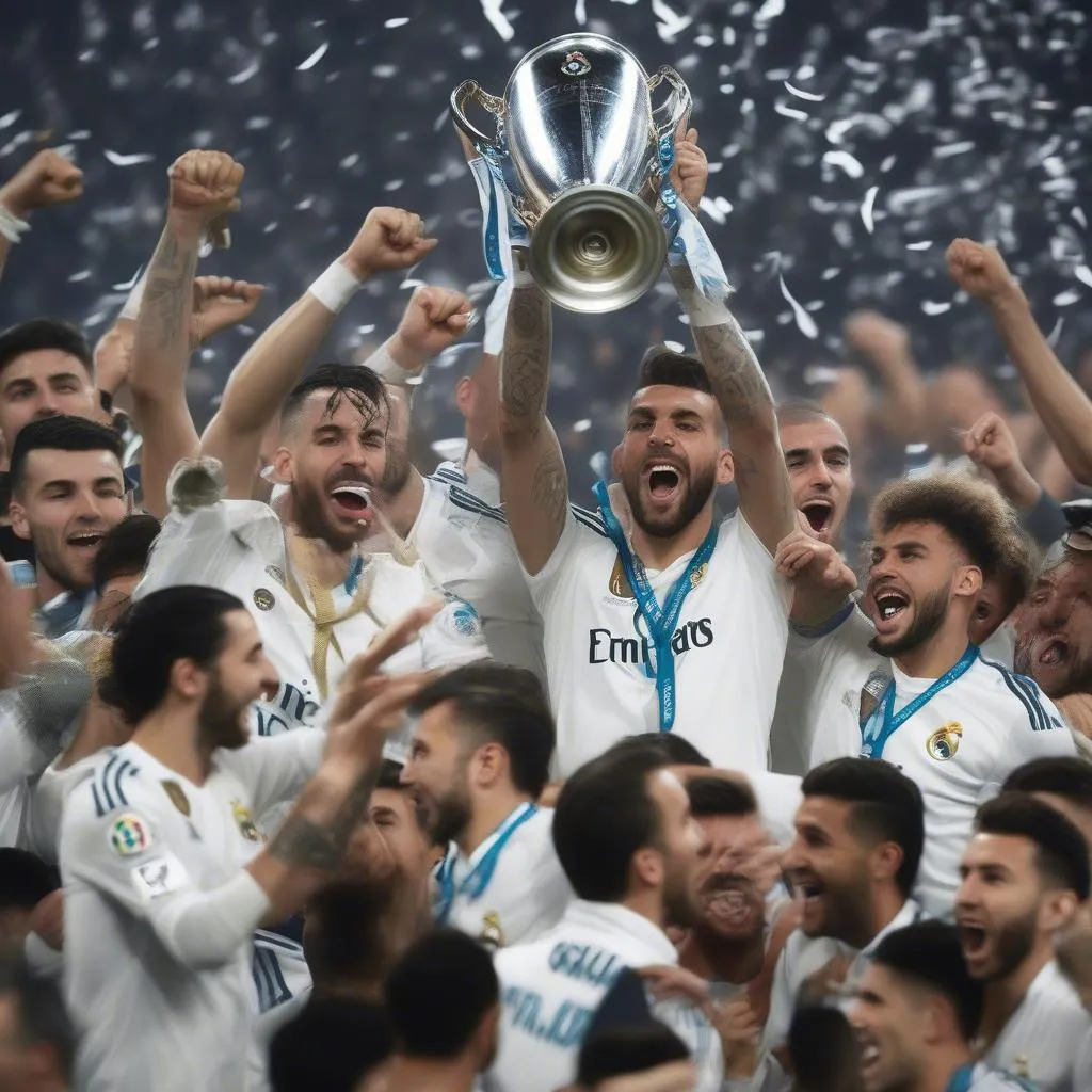 Hình ảnh Real Madrid nâng cao chiếc cúp Champions League