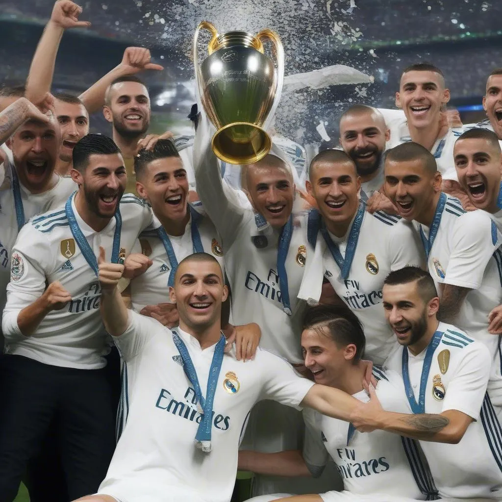 Hình ảnh Real Madrid vô địch Champions League 2018 với Ronaldo, Benzema và Modric