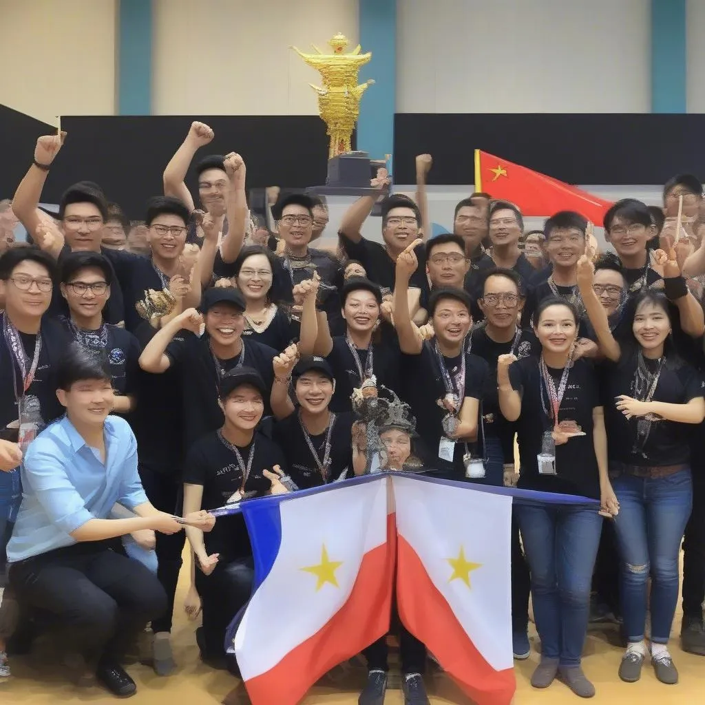 Các thành viên đội tuyển Robocon Việt Nam ăn mừng chiến thắng tại Robocon 2017