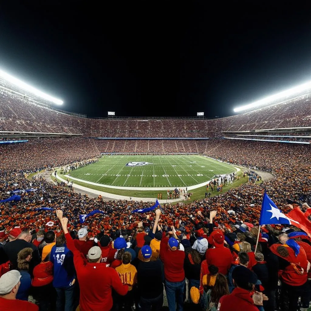 Crowded football stadium with vibrant flags