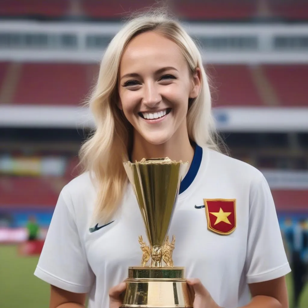 Hình ảnh Summer Rae giơ cao chiếc cúp vô địch giải bóng đá nữ quốc gia 2022