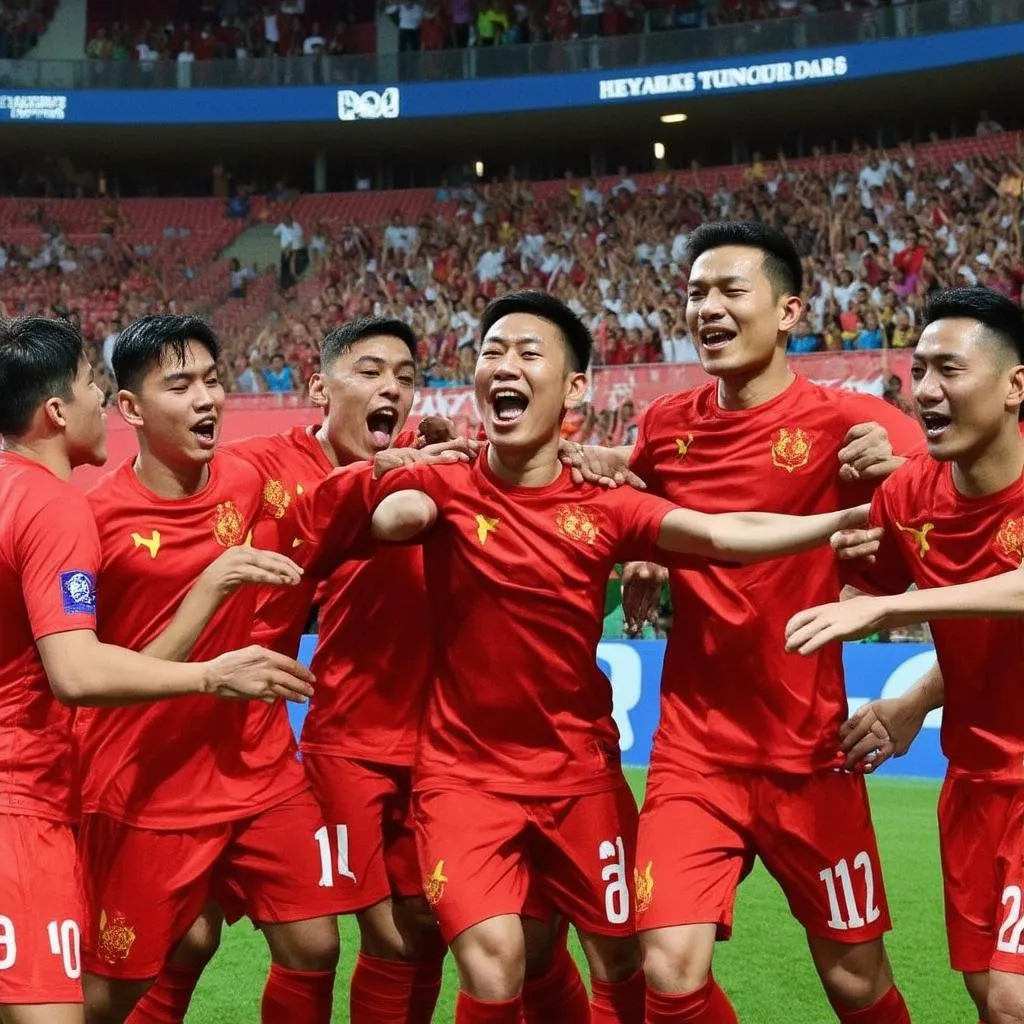 U23 Việt Nam ăn mừng bàn thắng tại SEA Games 28