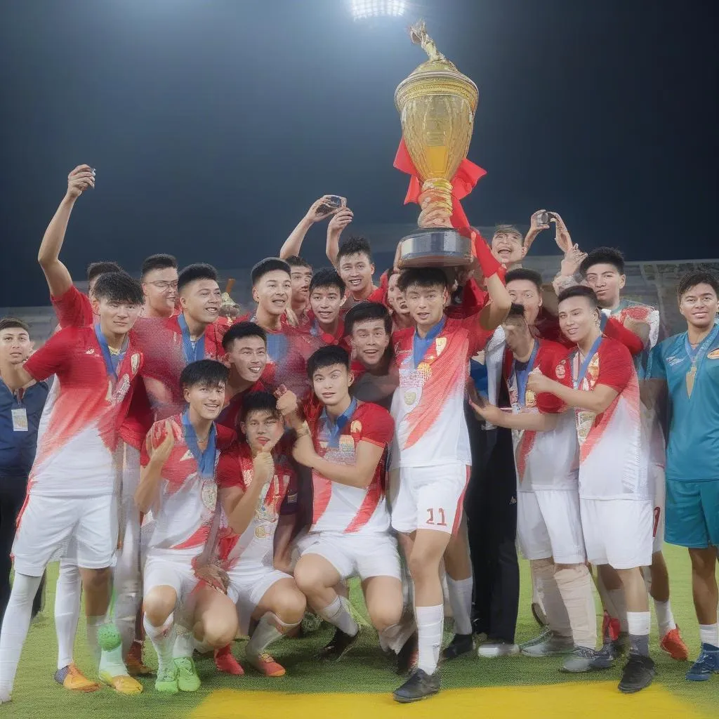 Hình ảnh U23 Việt Nam nâng cao chiếc cúp vô địch U23 Châu Á 2019