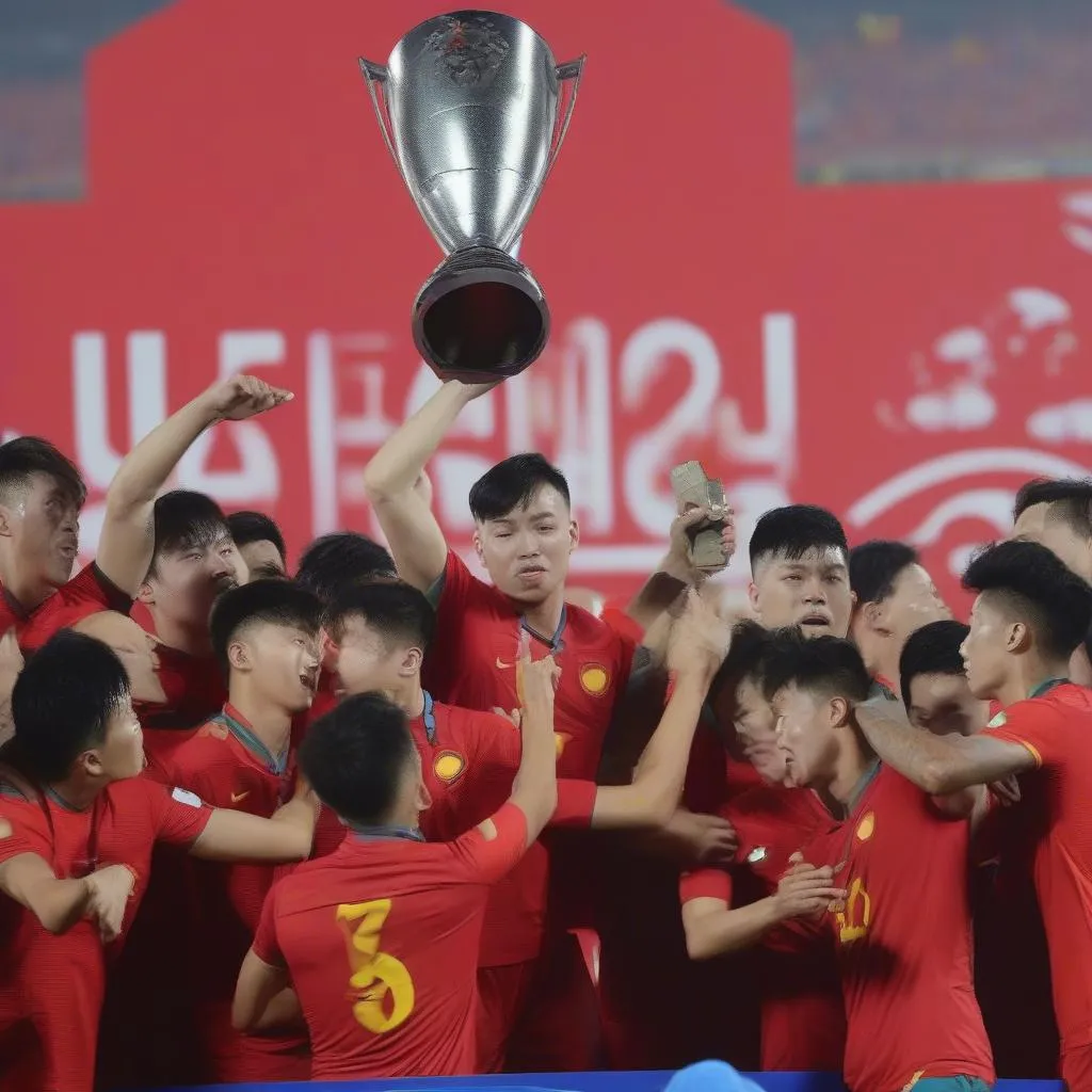 Hình ảnh các cầu thủ U23 Việt Nam nâng cao chiếc cúp vô địch U23 Châu Á 2020 