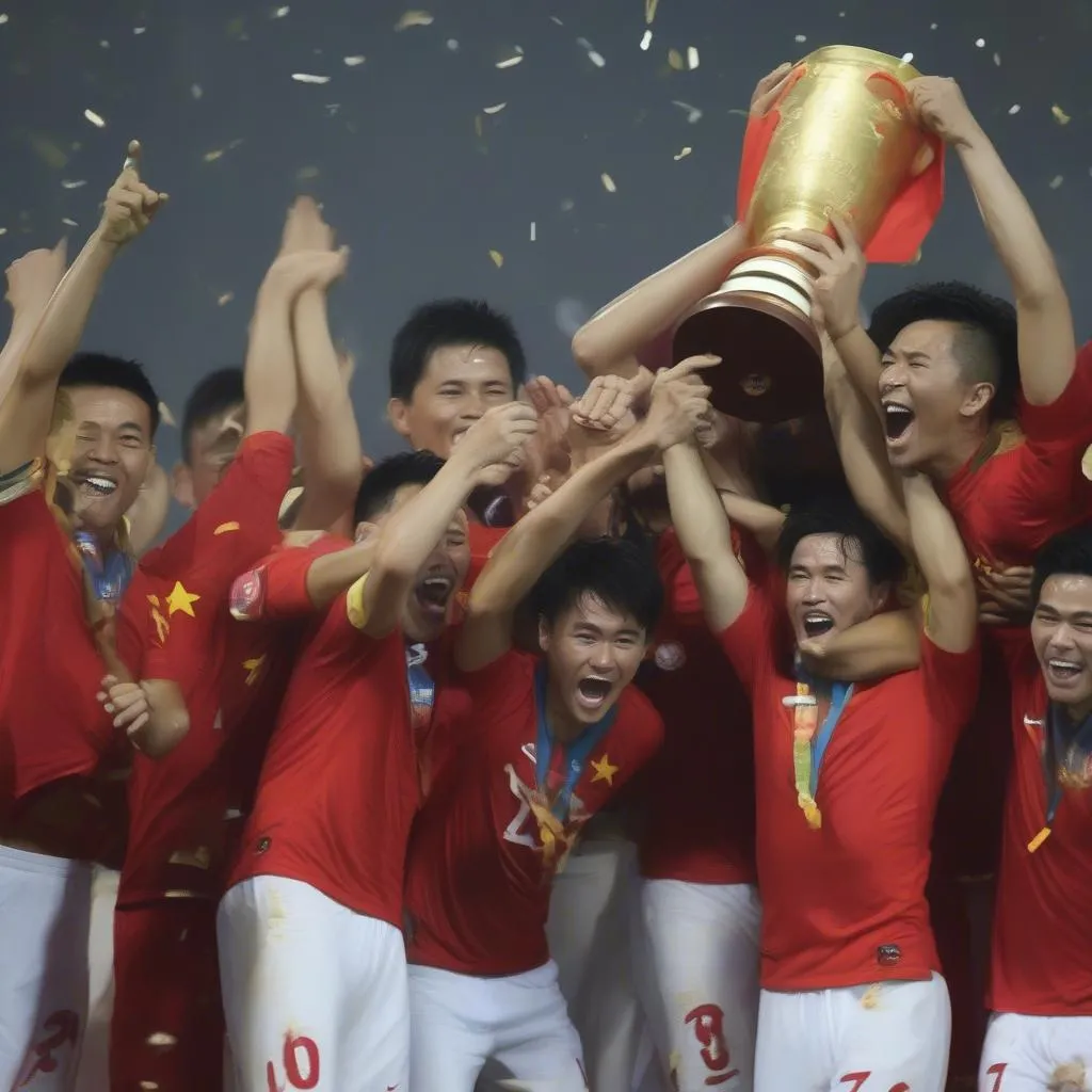 Hình ảnh đội tuyển Việt Nam nâng cao chiếc cúp vô địch AFF Cup