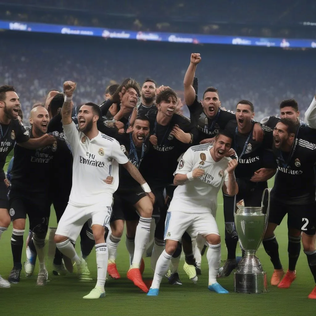 Cầu thủ Real Madrid đang ăn mừng chiến thắng Champions League.