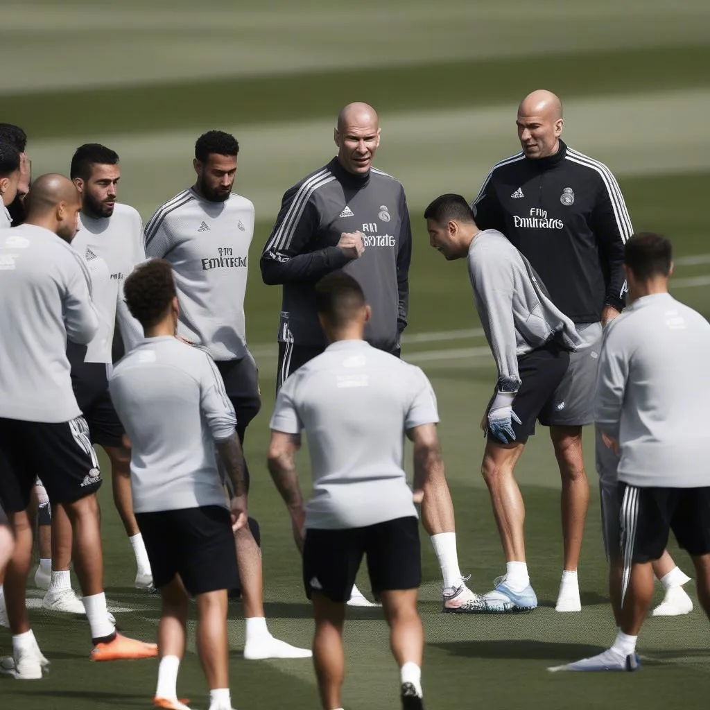 Hình ảnh Zinedine Zidane cùng các cầu thủ Real Madrid trong một buổi tập luyện