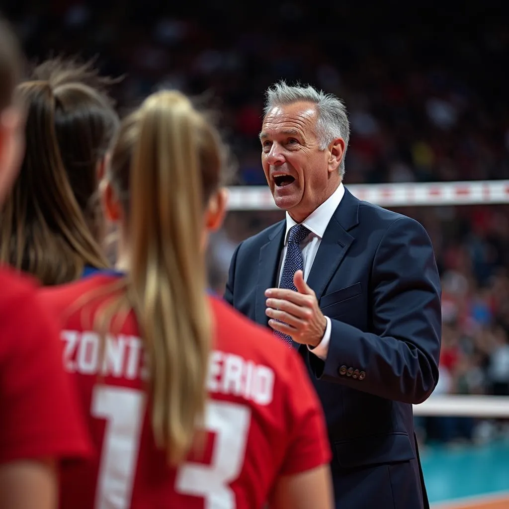 Zoran Terzić, head coach of Serbia women's volleyball team, giving instructions during a match