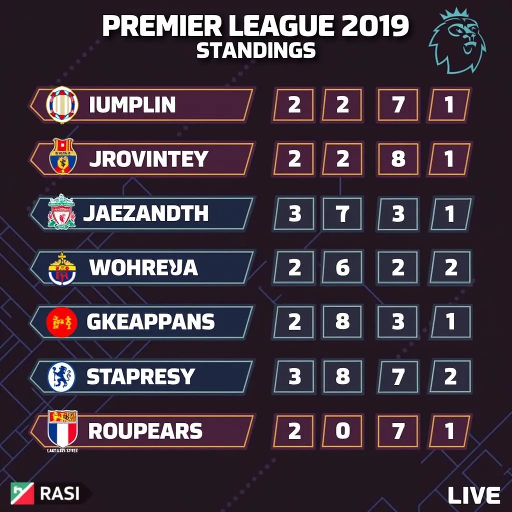 Bảng xếp hạng Premier League 2019 trực tiếp