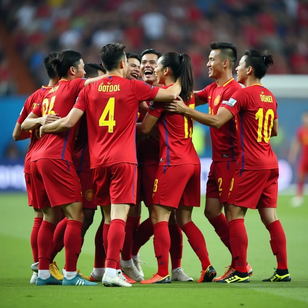 Các cầu thủ Việt Nam ăn mừng bàn thắng tại Asian Cup 2019