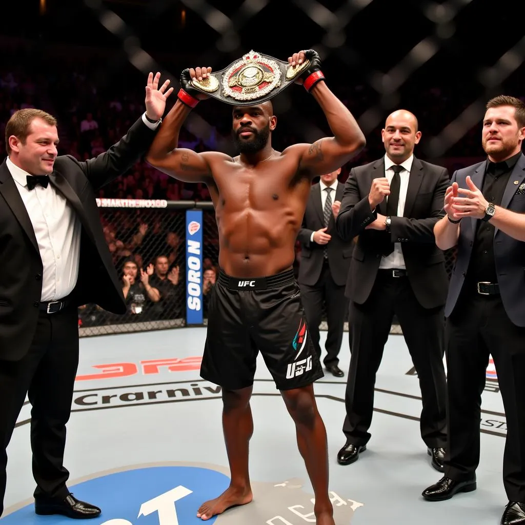 Jon Jones giơ cao đai vô địch sau khi giành chiến thắng trước Dominick Reyes