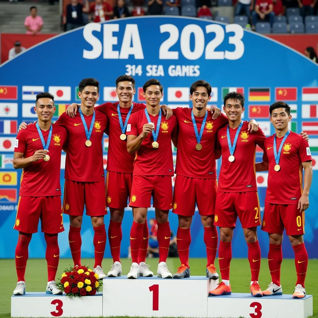 Các cầu thủ U23 Việt Nam ăn mừng với huy chương vàng Sea Games 31