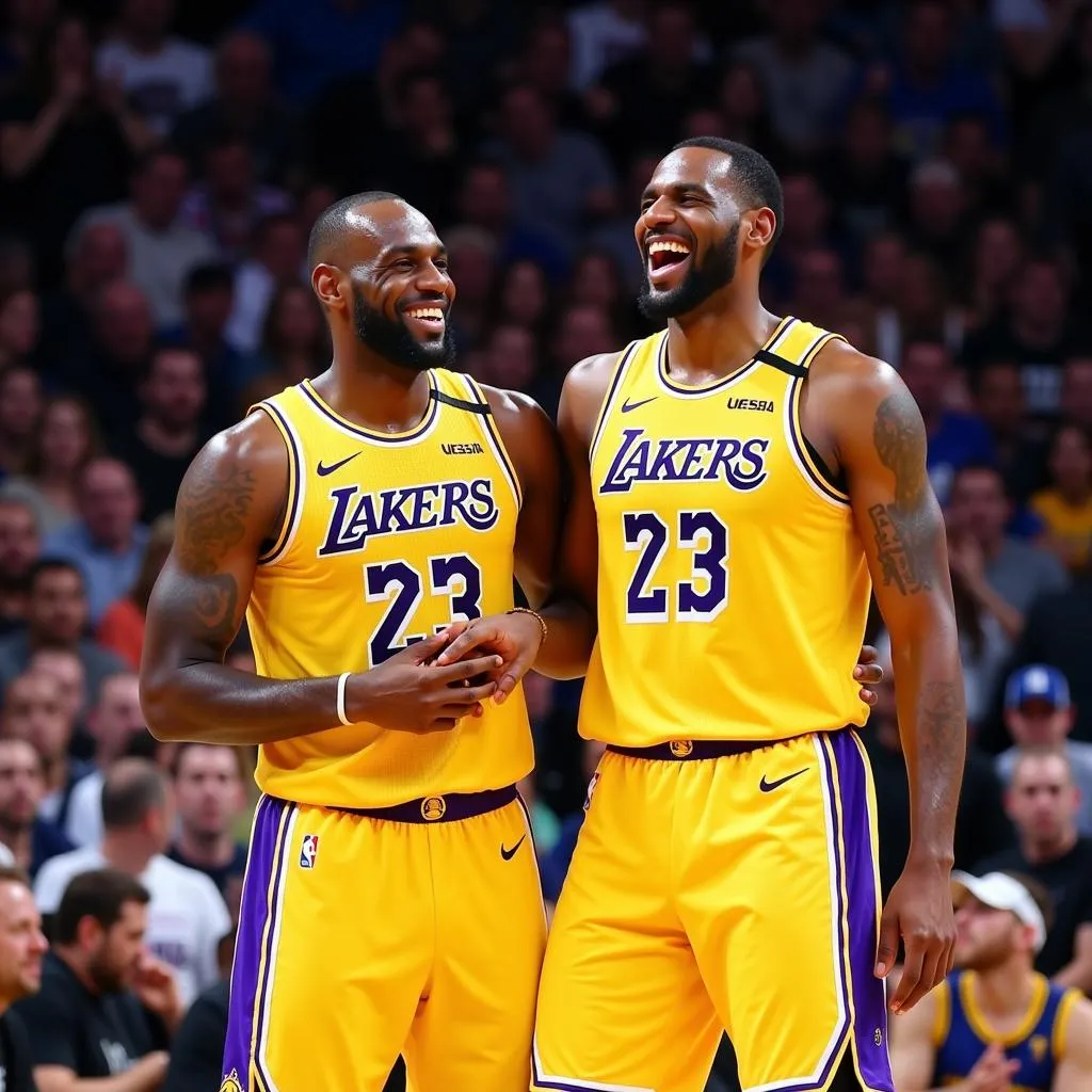 Lebron James và Anthony Davis ăn mừng chiến thắng của Lakers