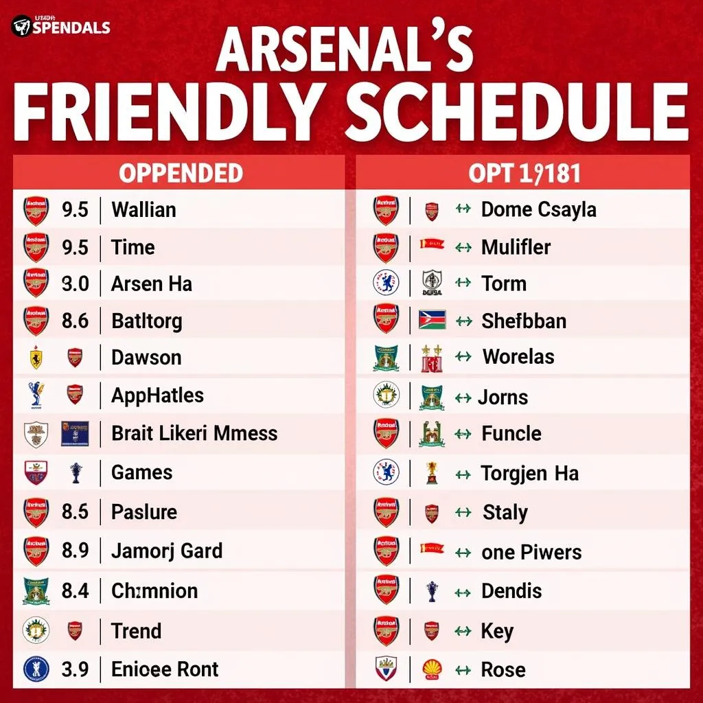 Lịch thi đấu Arsenal trận giao hữu