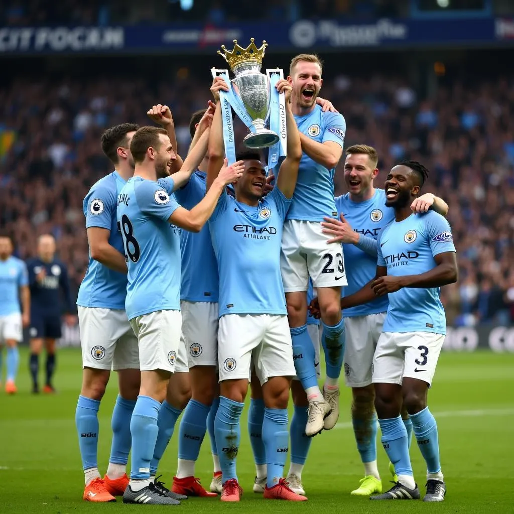 Các cầu thủ Man City ăn mừng chức vô địch Premier League 2018