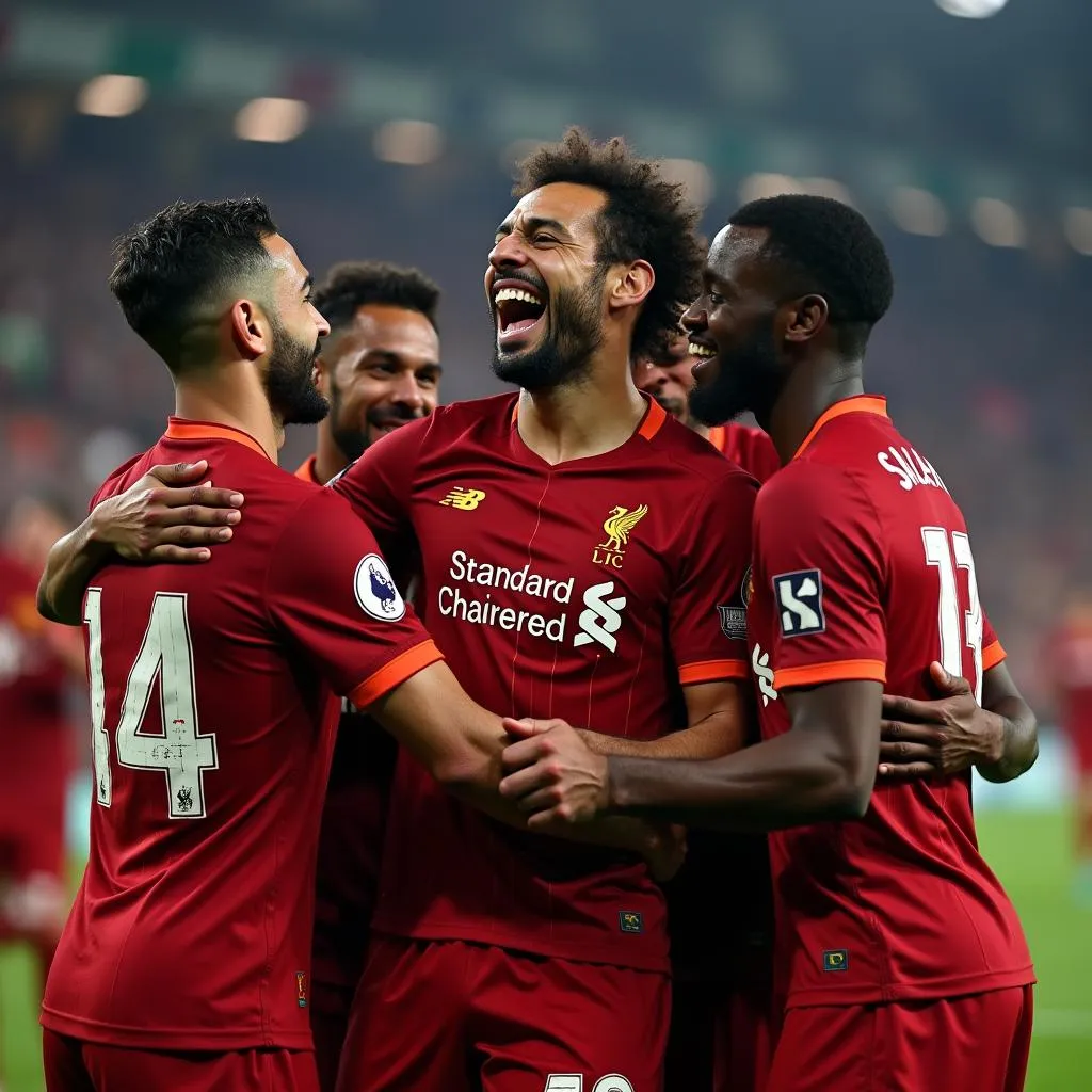 Mohamed Salah cùng đồng đội Liverpool ăn mừng chiến thắng