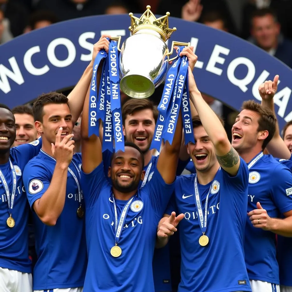 Ảnh đội tuyển Leicester City nâng cao cúp Ngoại hạng Anh