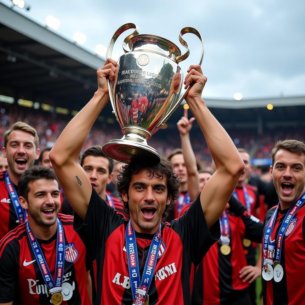 AC Milan nâng cao cúp C1: Paolo Maldini, đội trưởng AC Milan, nâng cao chiếc cúp vô địch Champions League trong sự hò reo của đồng đội và người hâm mộ.