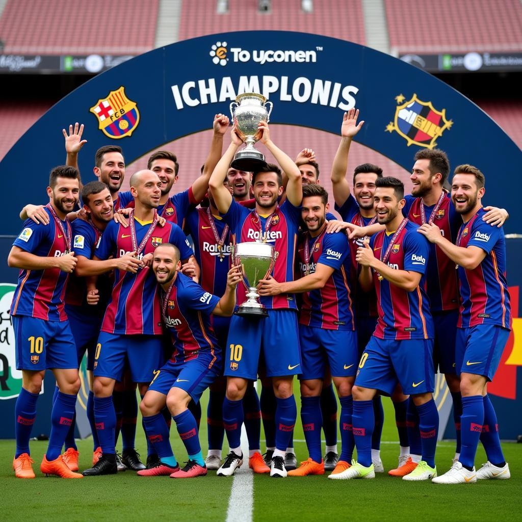 Đội hình Barca ăn mừng chức vô địch La Liga 2019