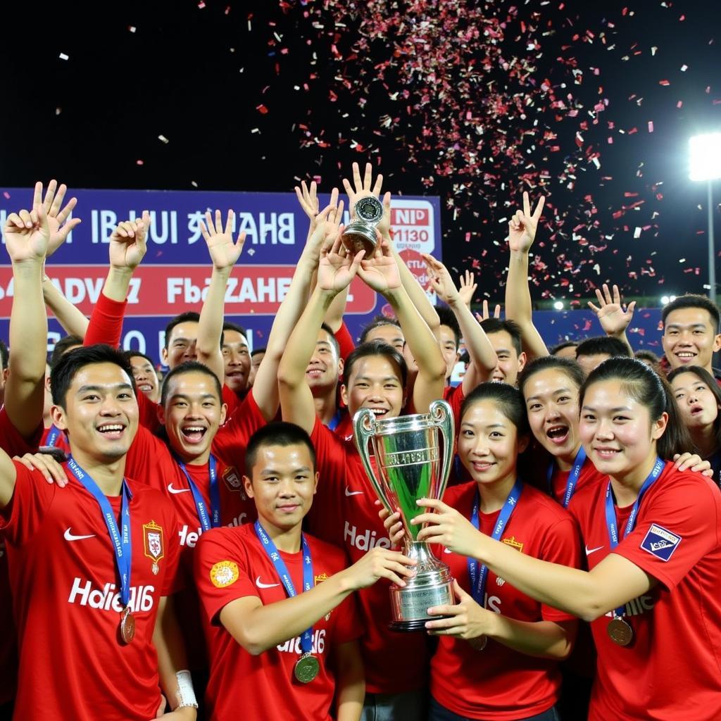 Hà Nội TMB nâng cao chiếc cúp vô địch V-League 2013 sau màn trình diễn ấn tượng.