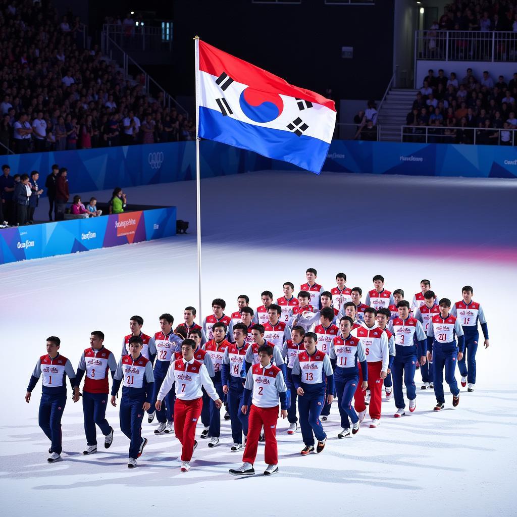 Lễ khai mạc Olympic Pyeongchang 2018 với đoàn Hàn Quốc và Triều Tiên diễu hành chung dưới một lá cờ thống nhất