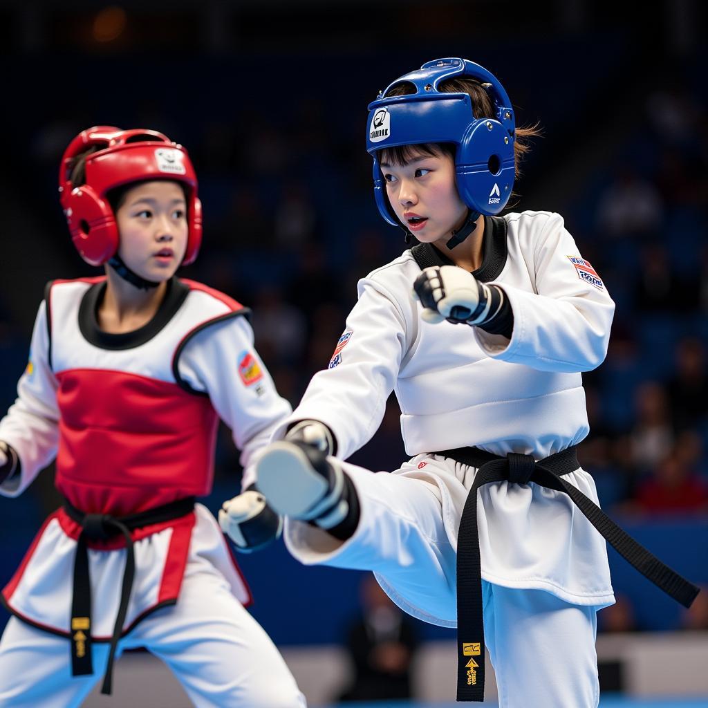 Jin Min Young thi đấu Taekwondo tại một giải đấu quốc tế