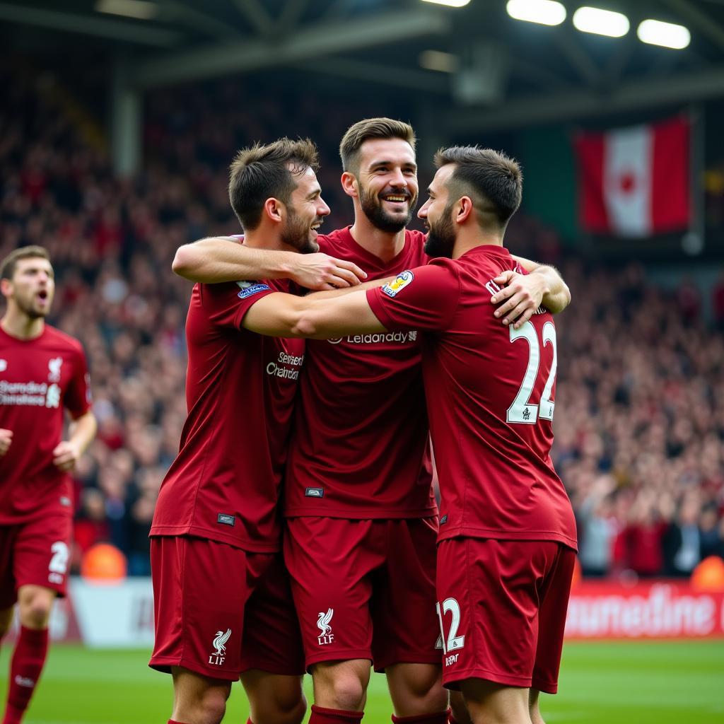 Liverpool players celebrating a goal at Anfield