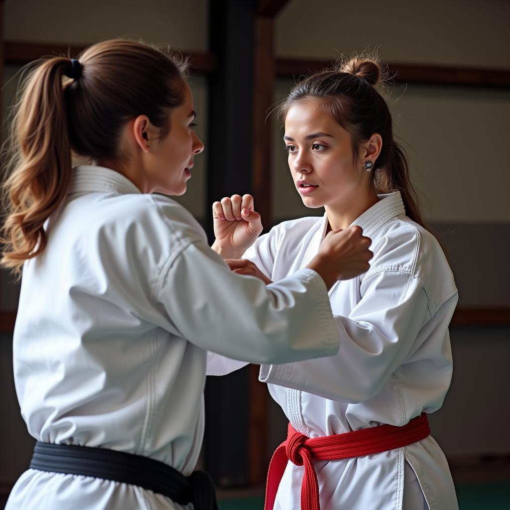 Nữ vô địch karate tập luyện cùng huấn luyện viên