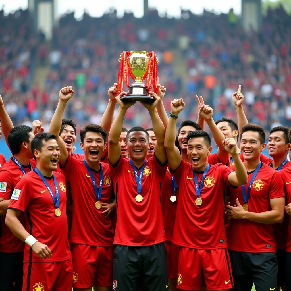 Phần thưởng vô địch AFF Cup 2018: Khoảnh khắc đội tuyển Việt Nam nâng cao chiếc cúp vàng danh giá.