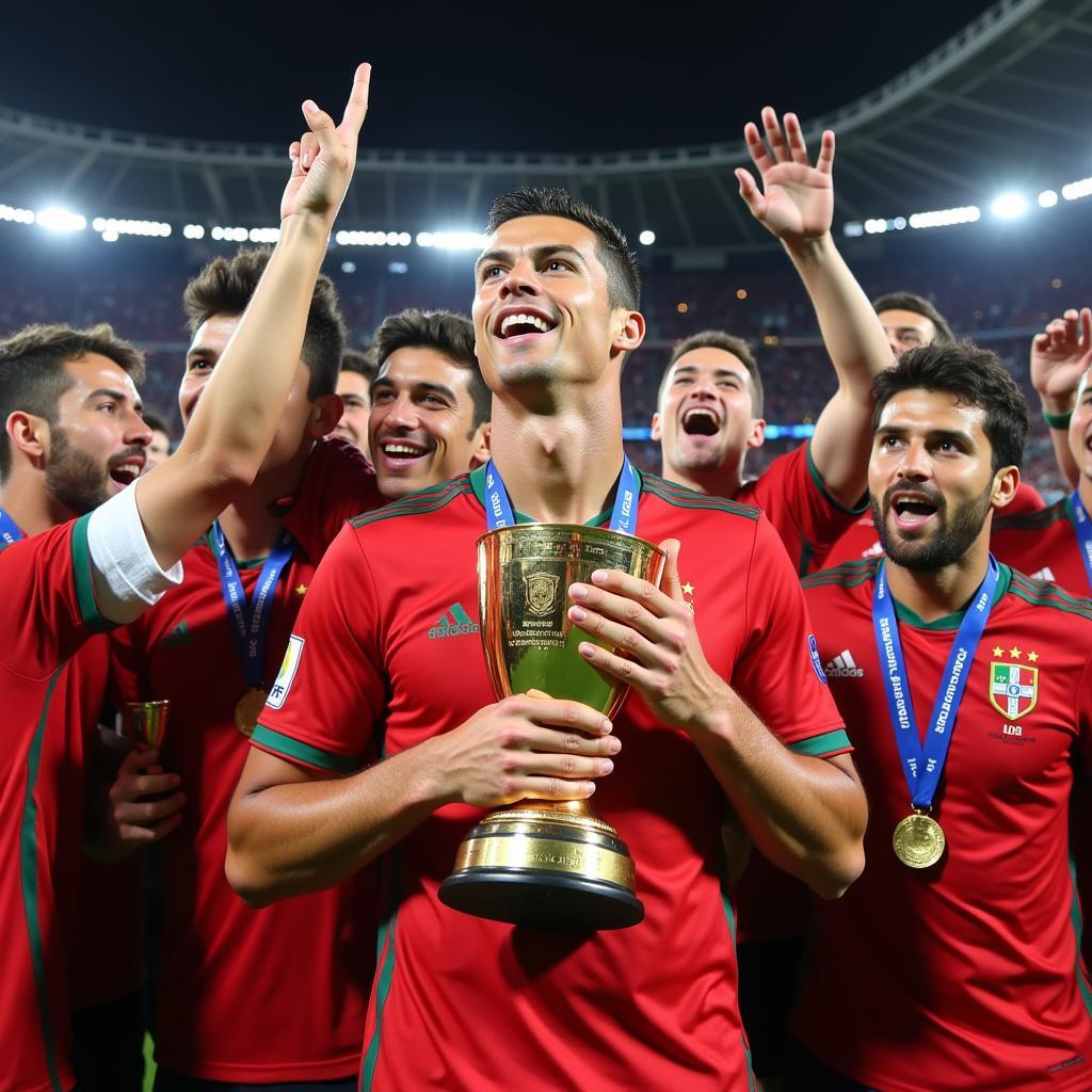 Ronaldo ăn mừng chức vô địch Euro 2016 cùng đồng đội